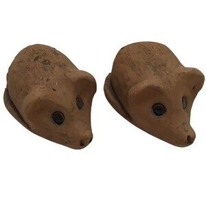 Vintage Set of 2 Pottery Mice Mouse Clay Mini Miniature M carved in Bottom